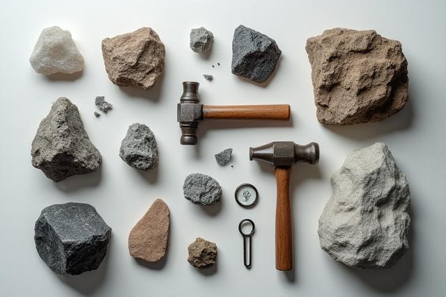 Collection of raw mineral samples and geological tools